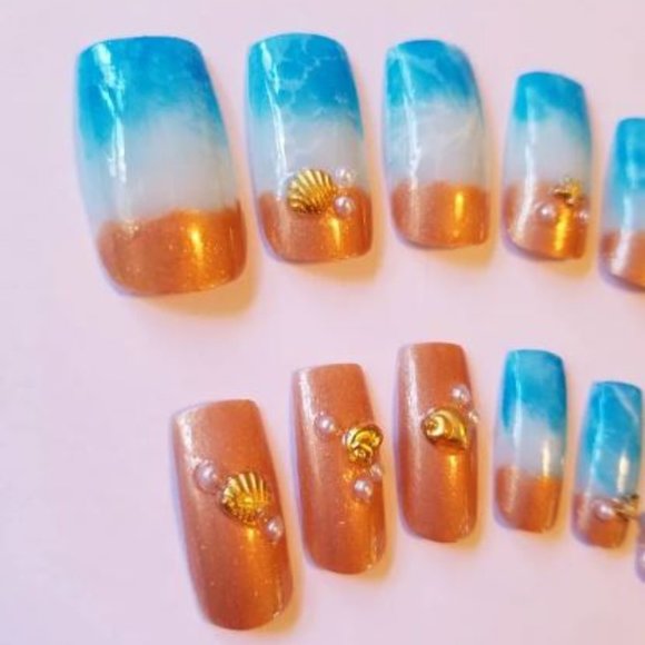 Beach Press On Nails - Ocean Nails New Hand Painted - Picture 2 of 5